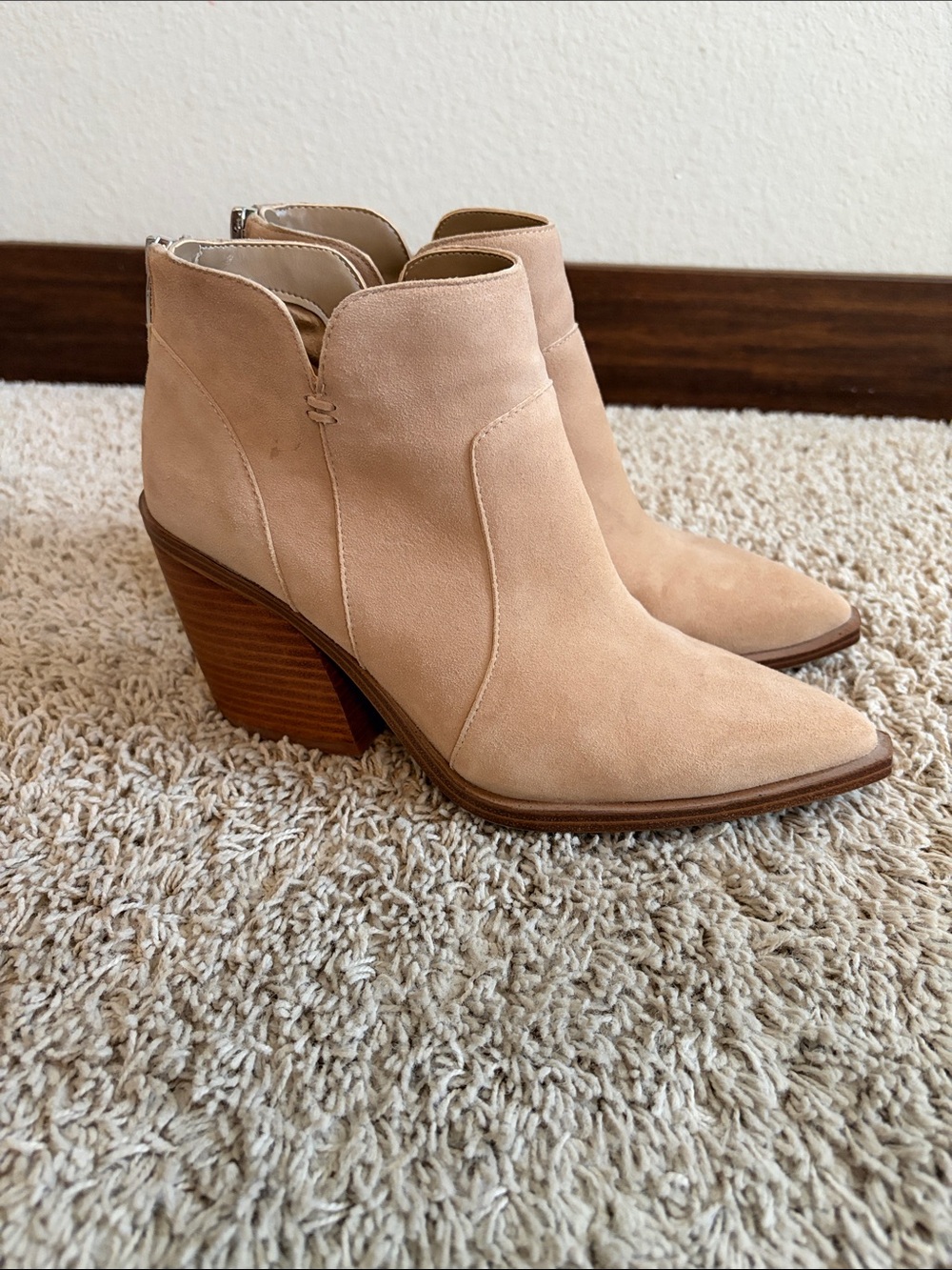 Vince Camuto Beige Suede Ankle Booties with Stacked Heel